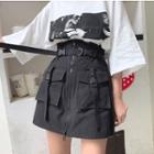 Buckled Strap Zip A-line Mini Cargo Skirt