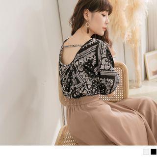 Puff Short Sleeve Cutout Back Paisley Print Top