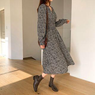 V-neck Smocked-waist Long Floral Dress Brown - One Size