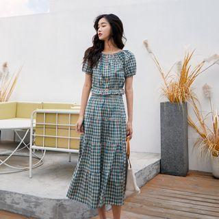 Set: Plaid Puff-sleeve Cropped Blouse + Midi A-line Skirt