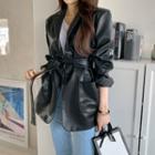 Faux-leather Blazer With Sash Black - One Size