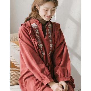 Flower-embroidered Frilled Long Shirtdress