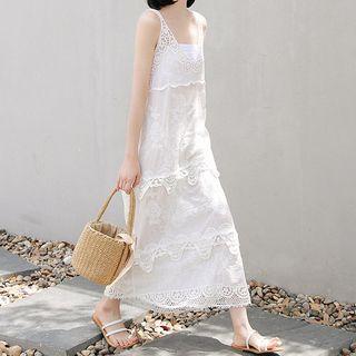 Spaghetti Strap Midi A-line Lace Dress White - One Size