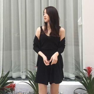 Set: Plain Cardigan + Tank Top + Shorts