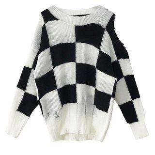 Cold-shoulder Checkered Distressed Sweater Stripes - Black & White - One Size