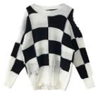Cold-shoulder Checkered Distressed Sweater Stripes - Black & White - One Size