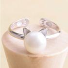 925 Sterling Silver Faux Pearl Cat Ring
