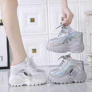 Faux Leather Platform Wedge Slide Sneakers