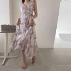 Ruffle-sleeve Floral Long Dress Purple - One Size