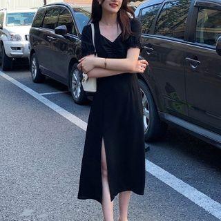 Plain Puff-sleeve Split Dress