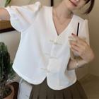 Short-sleeve Faux Pearl Frog-button Blouse