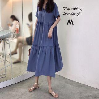Plain Short-sleeve Tiered Midi Dress