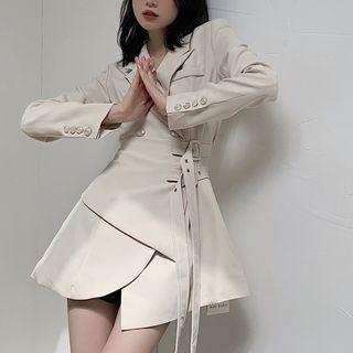 Plain Asymmetric Lace-up Long-sleeve Dress