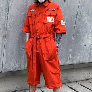 Elbow-sleeve Lettering Belted Shirt Romper