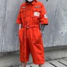 Elbow-sleeve Lettering Belted Shirt Romper