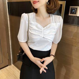 Square-neck Plain Pleated Chiffon Top