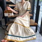 Contrast Trim Short-sleeve Midi A-line Dress As Shown In Figure - One Size