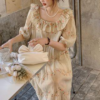 Short-sleeve Frill Trim Floral Midi Smock Dress