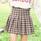 Long-sleeve Lettering T-shirt / Pleated Plaid Mini Skirt