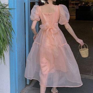 Balloon-sleeve Midi A-line Organza Dress