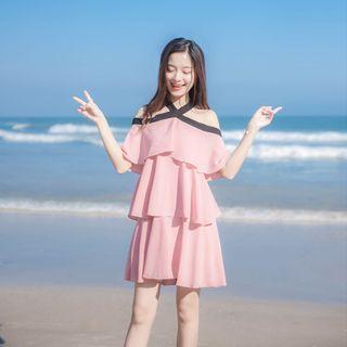 Short-sleeve Cold-shoulder Mini A-line Tiered Dress