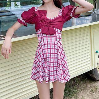 Long-sleeve Plaid Swimdress