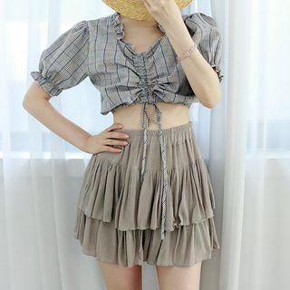 Petite Size Elasticized-waist Tiered Miniskirt