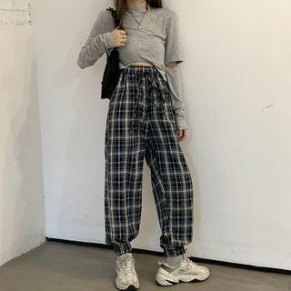 Plaid Long-sleeve Shirt / High-waist Harem Pants