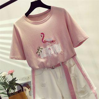 Flamingo Print T-shirt Pink - One Size