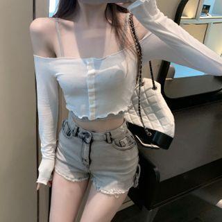 Set: Long-sleeve Off-shoulder Crop Top + Camisole Top Crop Top - White - One Size / Camisole Top - Light Gray - One Size