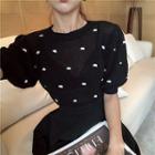 Dotted Short-sleeve Knit Top Black - One Size