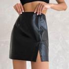 High-waist Faux Leather Slit Mini Skirt