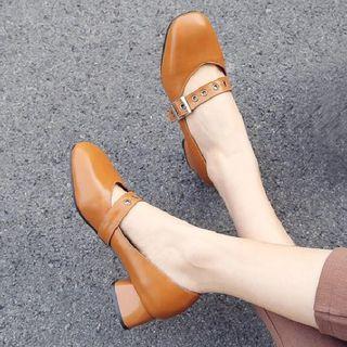 Faux Leather Buckled Medium Heel Mary Jane Pumps
