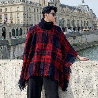 Cape-sleeve Turtle-neck Plaid Sweater