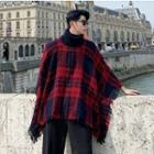 Cape-sleeve Turtle-neck Plaid Sweater