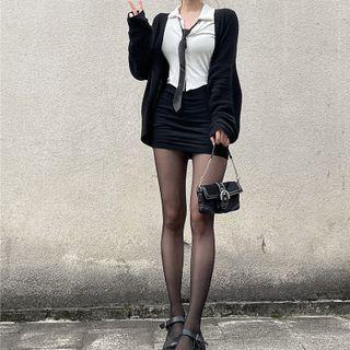 V-neck Plain Knit Cardigan / Long-sleeve Plain Shirt / Plain Mini Skirt