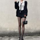 V-neck Plain Knit Cardigan / Long-sleeve Plain Shirt / Plain Mini Skirt