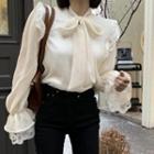 Long-sleeve Tie-neck Lace Trim Blouse Off-white - One Size