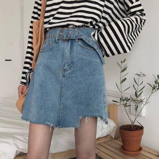 Belted Distressed A-line Denim Skirt
