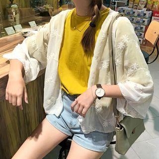 Floral Embroidered 3/4-sleeve Chiffon Jacket