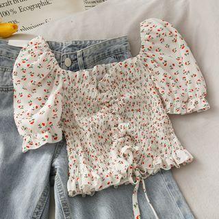 Floral Drawstring Smocked Blouse
