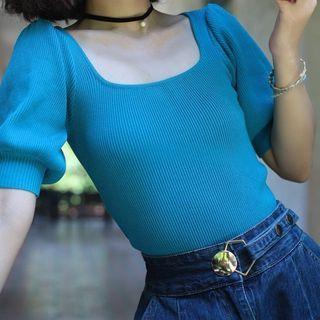 Puff-sleeve Ribbed Knit Top Blue - One Size