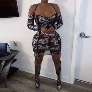 Cold-shoulder Dragon Print Mesh Bodycpn Dress