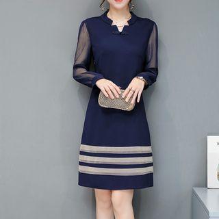 Contrast-trim Chiffon-sleeve A-line Dress