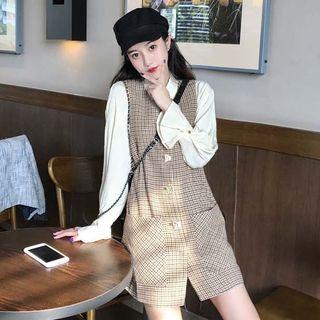 Plain Shirt / Sleeveless Plaid Button-front Mini Dress