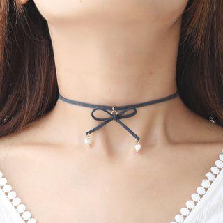 Faux Pearl Bow Faux Suede Choker
