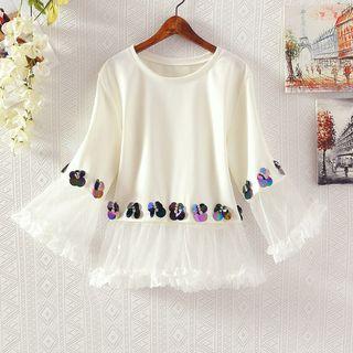 Sequined Mesh Panel Off Shoulder Top