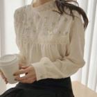 Long-sleeve Lace Paneled Embroidered Blouse Beige - One Size