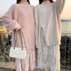 Long-sleeve Split Hem Plain Top / High-waist Ruffled Velvet Skirt