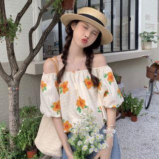 Off Shoulder Floral Print Top Almond - One Size